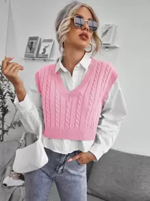 SHEIN Essnce Cable Knit V-neck Sweater Vest - Baby Pink - View 1