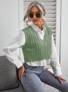 SHEIN Essnce Cable Knit V-neck Sweater Vest - Mint Green - View 5