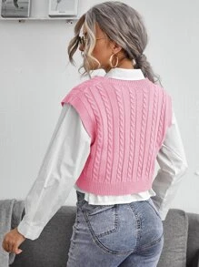 SHEIN Essnce Cable Knit V-neck Sweater Vest - Baby Pink - View 2