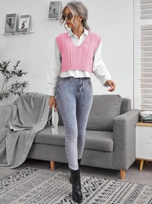 SHEIN Essnce Cable Knit V-neck Sweater Vest - Baby Pink - View 3