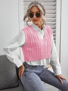 SHEIN Essnce Cable Knit V-neck Sweater Vest - Baby Pink - View 4