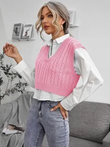 SHEIN Essnce Cable Knit V-neck Sweater Vest - Baby Pink - View 5