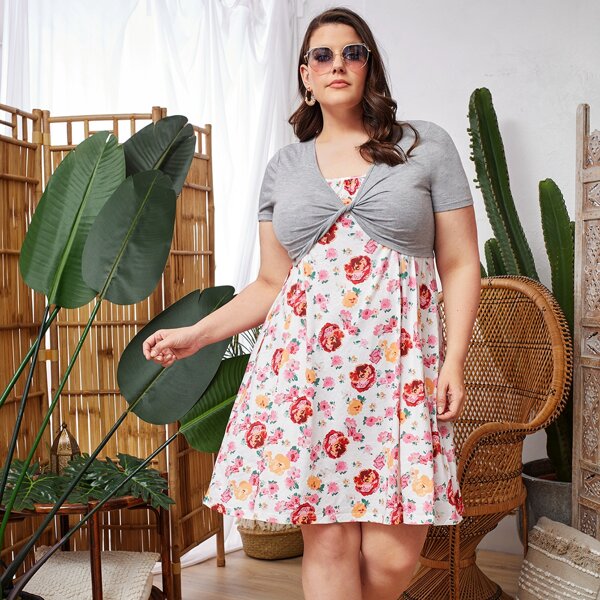 

Plus Twist Front Crop Top With Floral Print Dress, Multicolor
