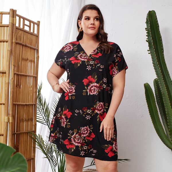 

Plus V-neck Batwing Sleeve Floral Print Dress, Multicolor