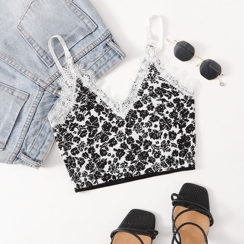 

Floral Lace Trim Knit Top, Black