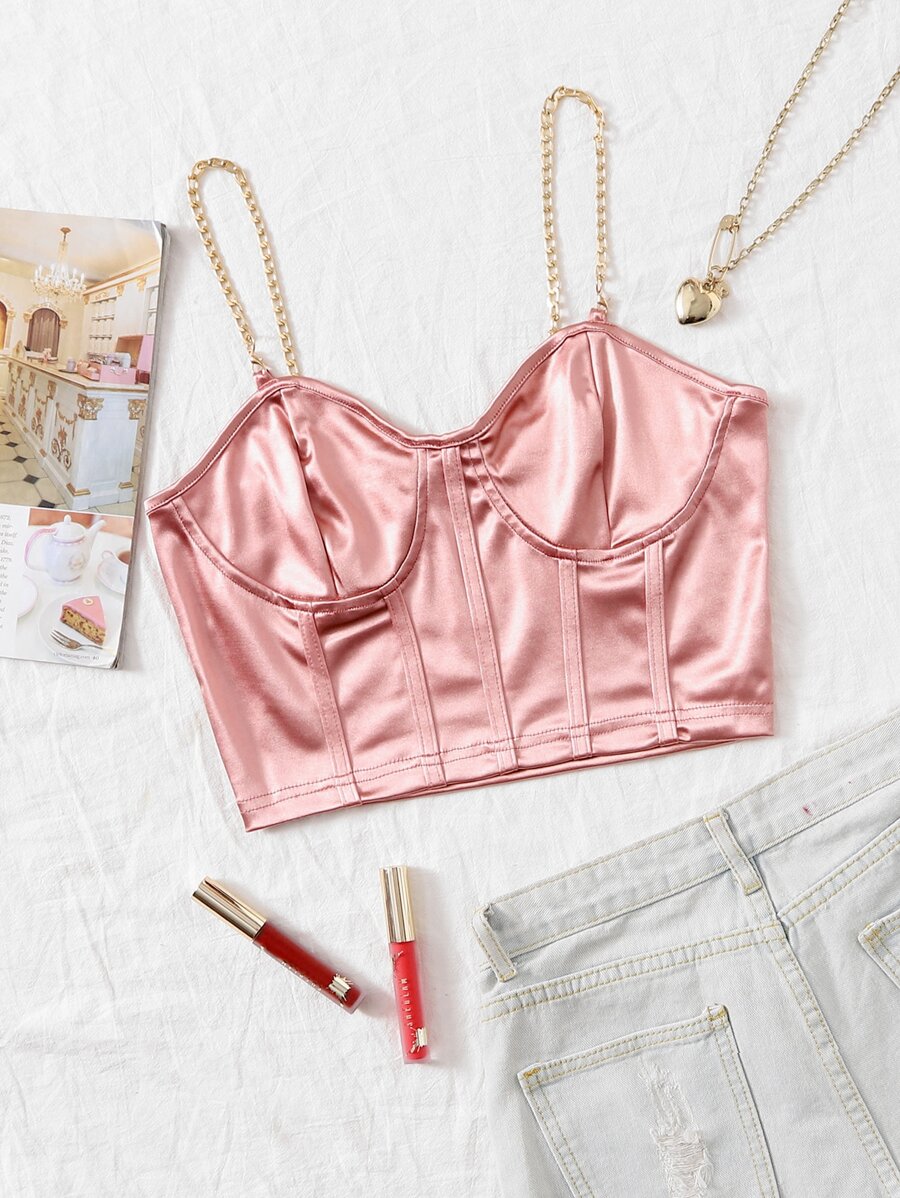 SHEIN SXY Chain Detail Silky Bustier Cami Crop Top - Dusty Pink - View 1