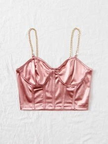 SHEIN SXY Chain Detail Silky Bustier Cami Crop Top - Dusty Pink - View 4