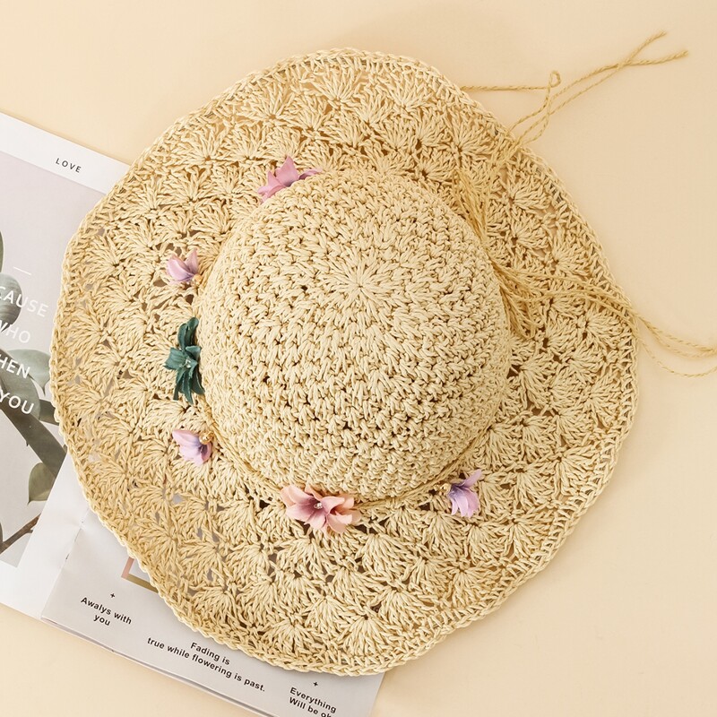 

Flower Decor Straw Hat, Beige