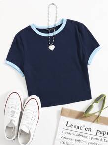 SHEIN EZwear Camiseta ringer de cuello redondo - Azul Marino - Ver 1