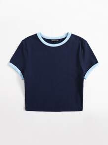 SHEIN EZwear Camiseta ringer de cuello redondo - Azul Marino - Ver 3