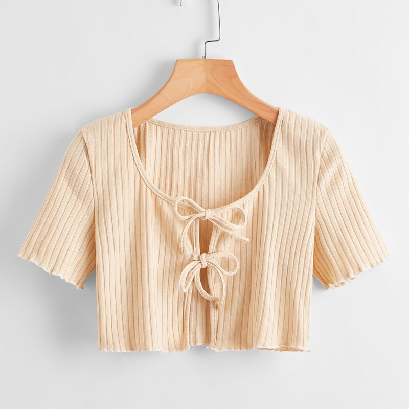 

Solid Tie Front Ribbed Top, Apricot