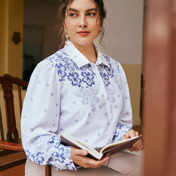 

Plus Floral Print Button Up Blouse, White