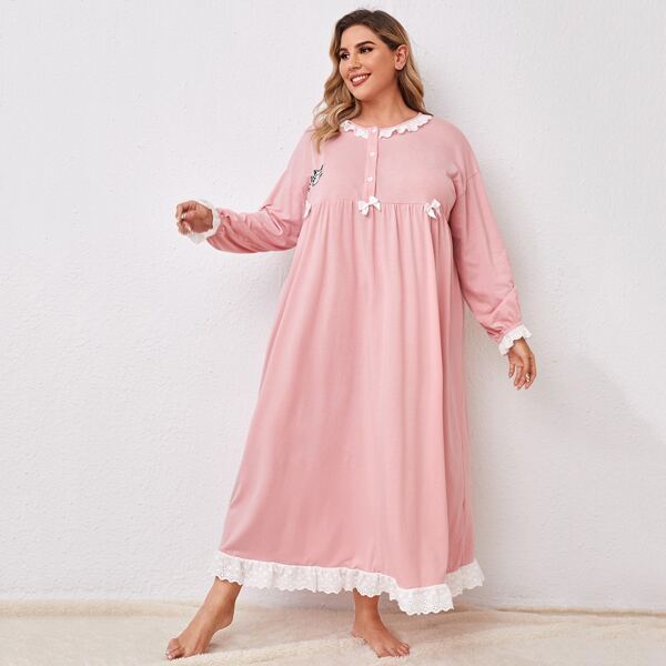 

Plus Cat Embroidered Schiffy Trim Bow Detail Nightdress, Coral pink