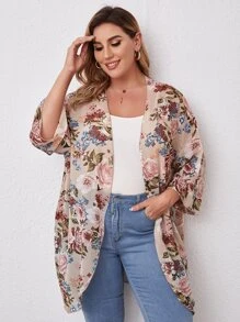 SHEIN Plus Drop Shoulder Floral Print Kimono, For Summer Beach Vacation - Multicolor - View 1