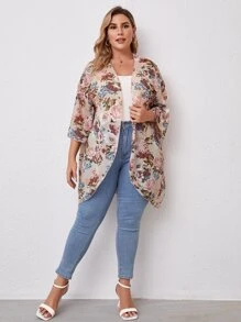 SHEIN Plus Drop Shoulder Floral Print Kimono, For Summer Beach Vacation - Multicolor - View 3