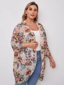 SHEIN Plus Drop Shoulder Floral Print Kimono, For Summer Beach Vacation - Multicolor - View 4