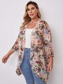 SHEIN Plus Drop Shoulder Floral Print Kimono, For Summer Beach Vacation - Multicolor - View 5