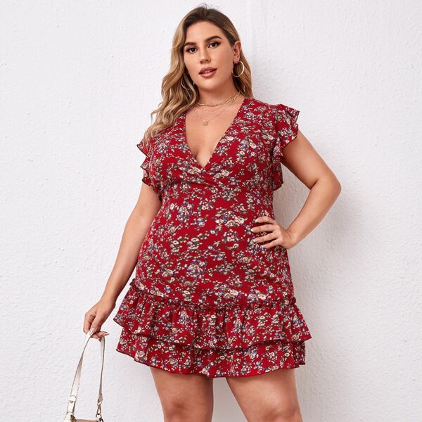 

Plus Tied Open Back Ruffle Armhole Dress, Multicolor