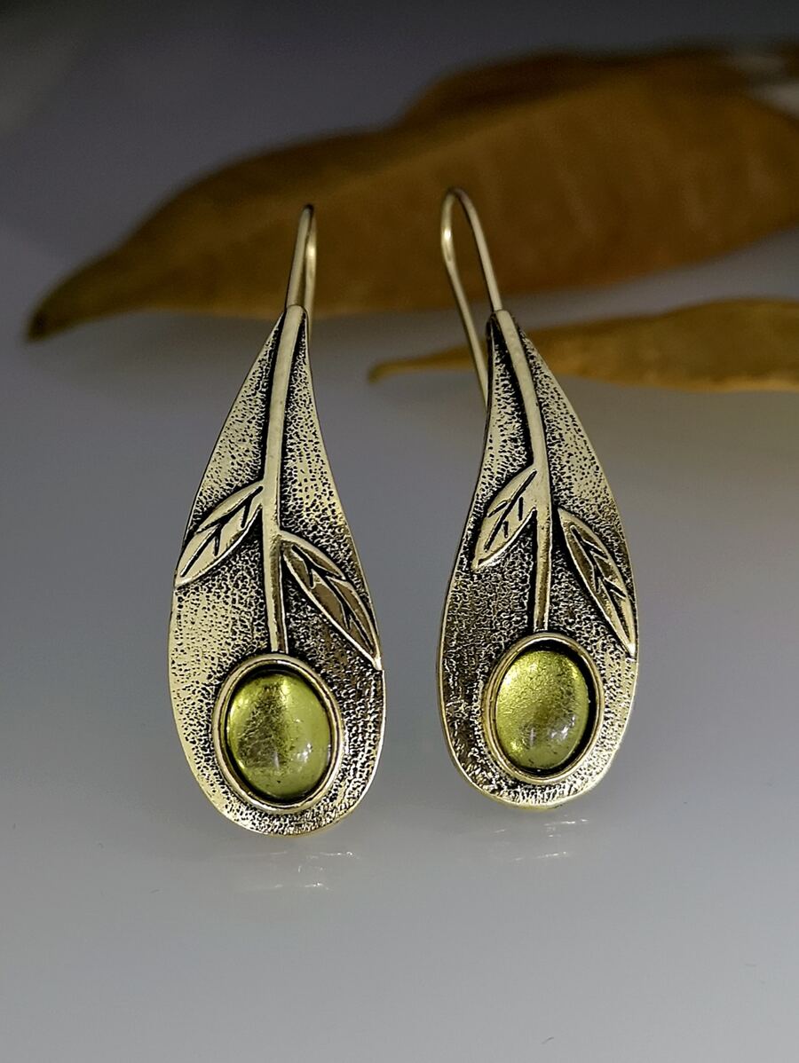 Bông tai thả trang trí hình lá - Màu xanh Ô liu - Xem 1