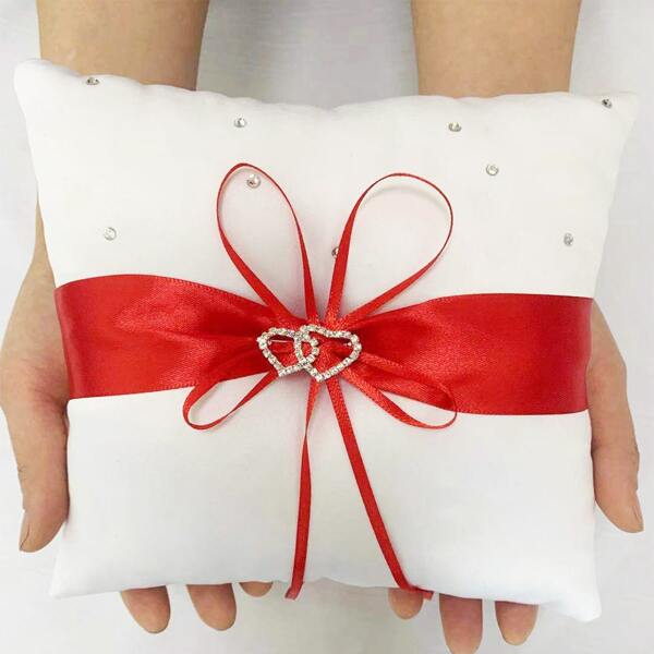 

Ribbon Decor Ring Bearer Cushion Cover Without Filler, Red