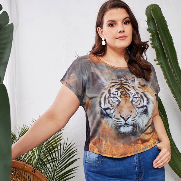

Plus Tiger Print Dolman Sleeve Tee, Multicolor