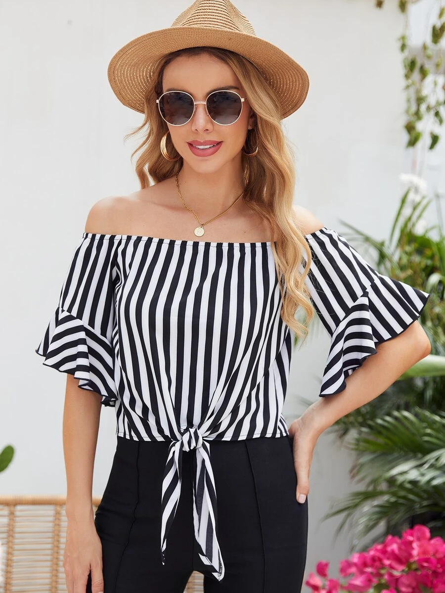 SHEIN Ruffle Cuff Tie Hem Striped Bardot Top - Black and White - View 1