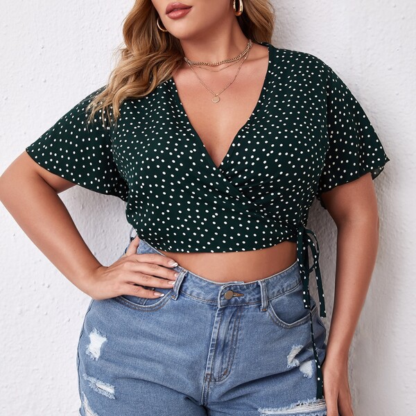 

Plus Wrap Tie Side Polka Dot Blouse, Dark green