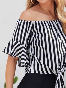 SHEIN Ruffle Cuff Tie Hem Striped Bardot Top - Black and White - View 3