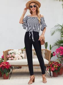 SHEIN Ruffle Cuff Tie Hem Striped Bardot Top - Black and White - View 4