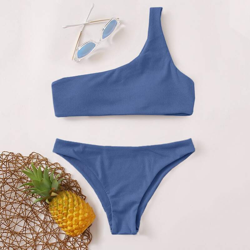 

Rib One Shoulder Bikini Swimsuit, Dusty blue