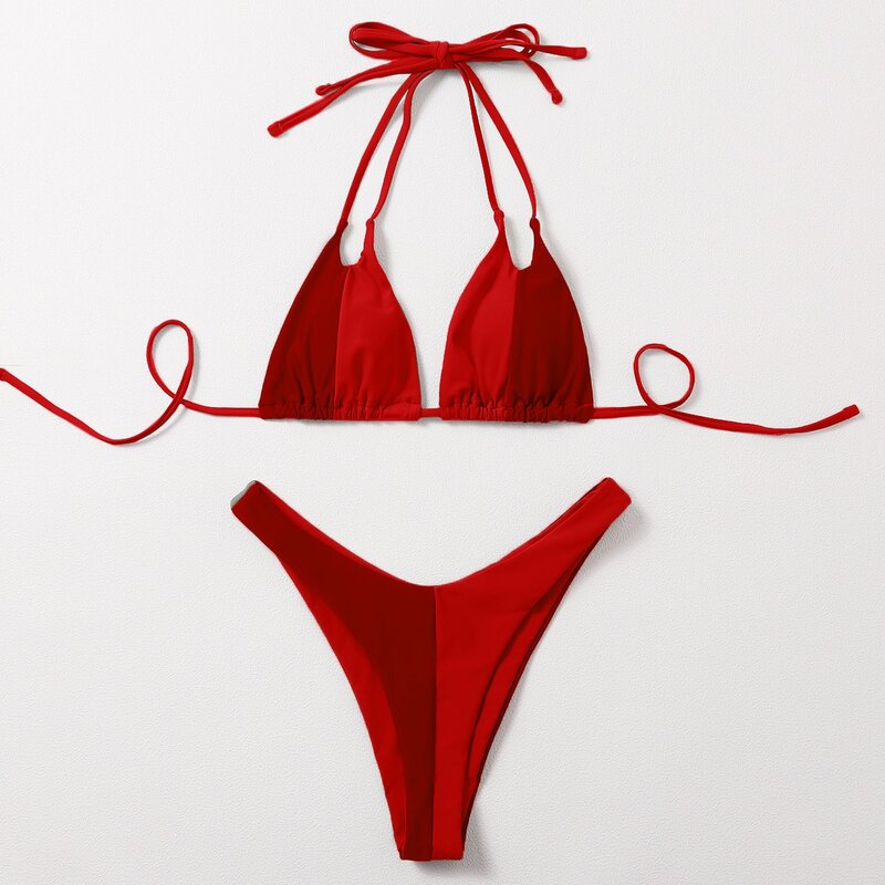 

Two Tone Halter High Cut Bikini Swimsuit, Red