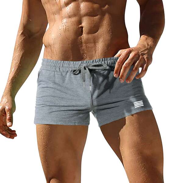 

Men Stripe Print Drawstring Athletic Shorts, Light grey