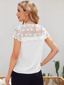 SHEIN Floral Embroidered Mesh Yoke Top - White - View 2