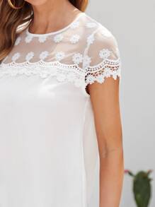SHEIN Floral Embroidered Mesh Yoke Top - White - View 4