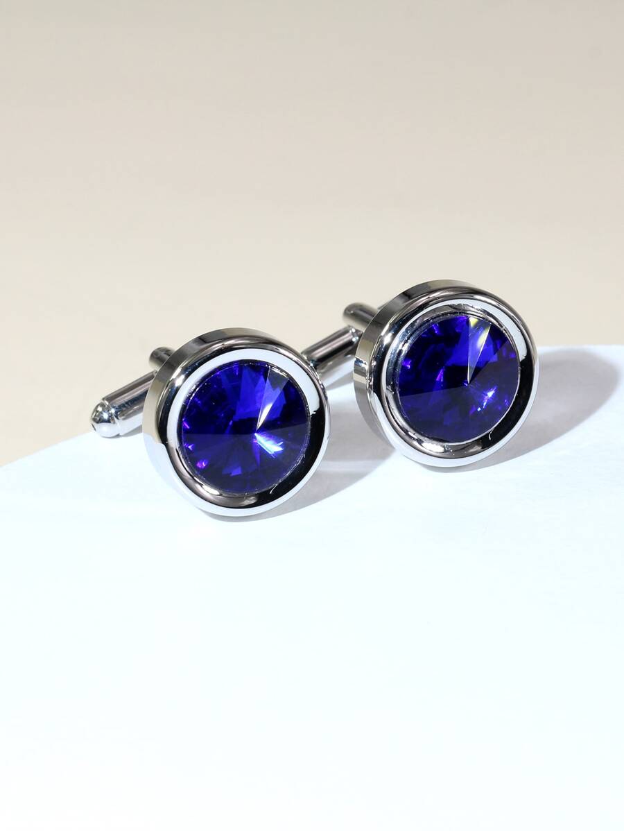 1 Pair Blue Rhinestone Cufflinks For Men, Suitable As Gift - Blue - View 1