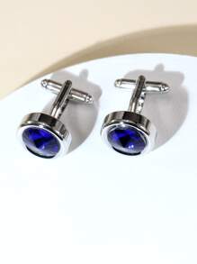 1 Pair Blue Rhinestone Cufflinks For Men, Suitable As Gift - Blue - View 2