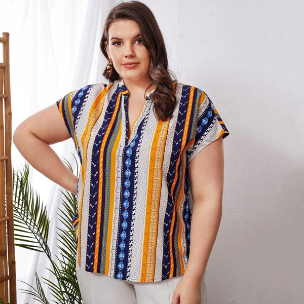 

Plus Notch Neck Dolman Sleeve Geo Top, Multicolor