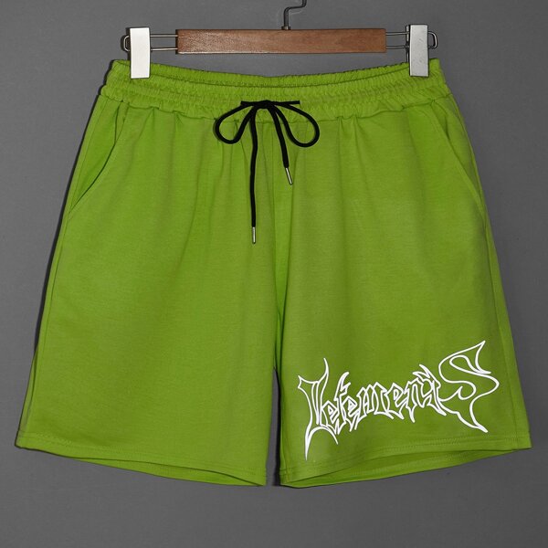 

Men Reflective Letter Drawstring Waist Track Shorts, Lime green