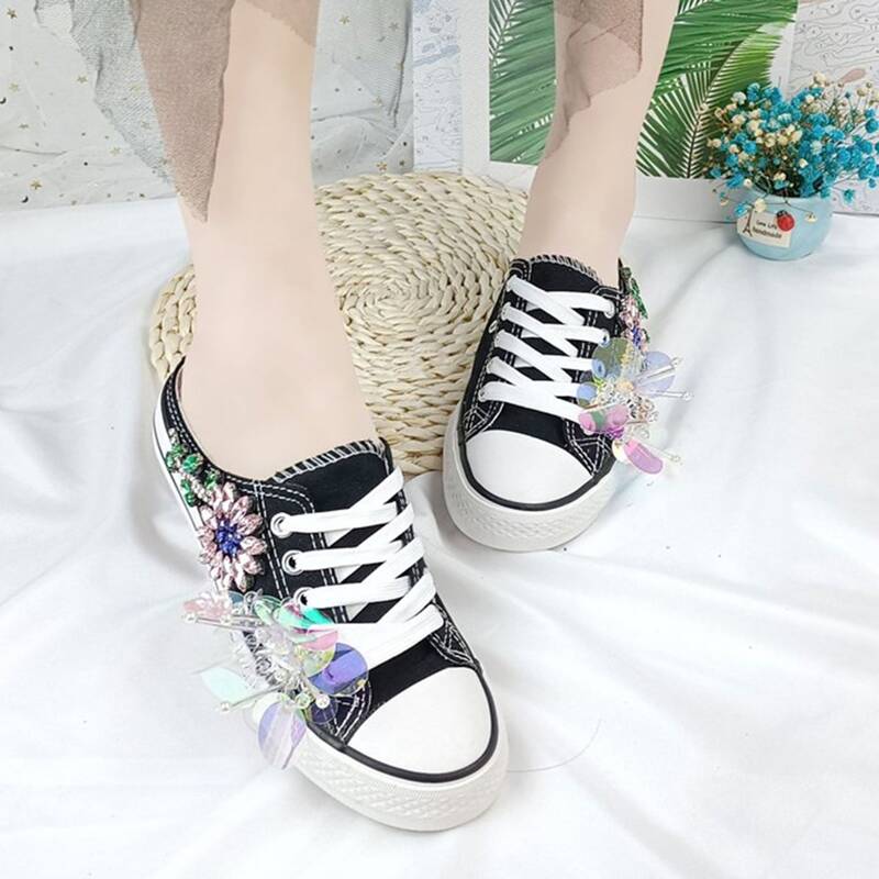 

Rhinestone & Sequin Lace-up Canvas Sneakers, Black