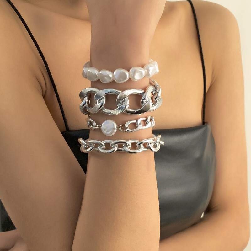 

4pcs Faux Pearl Decor Bracelet, Silver