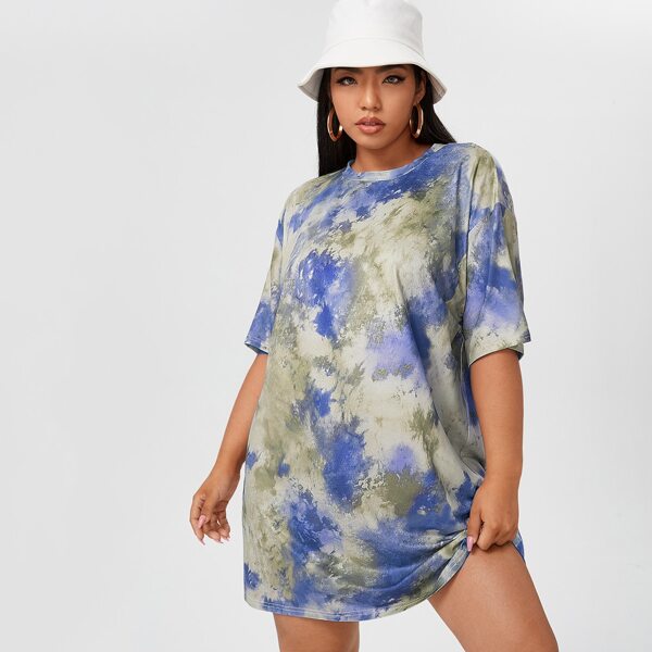 

Plus Tie Dye Drop Shoulder Tee Dress, Multicolor