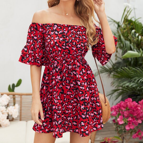 

Off Shoulder Flounce Sleeve Leopard Dress, Multicolor