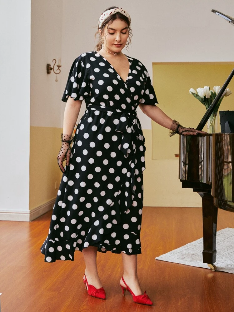 Vestidos Tallas Grandes Volante rígido Lunares Vintage - Negro - Añade 1