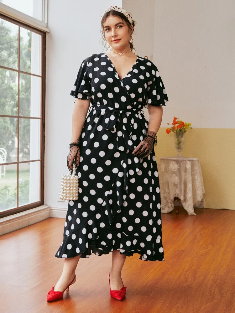 Vestidos Tallas Grandes Volante rígido Lunares Vintage - Negro - Añade 4