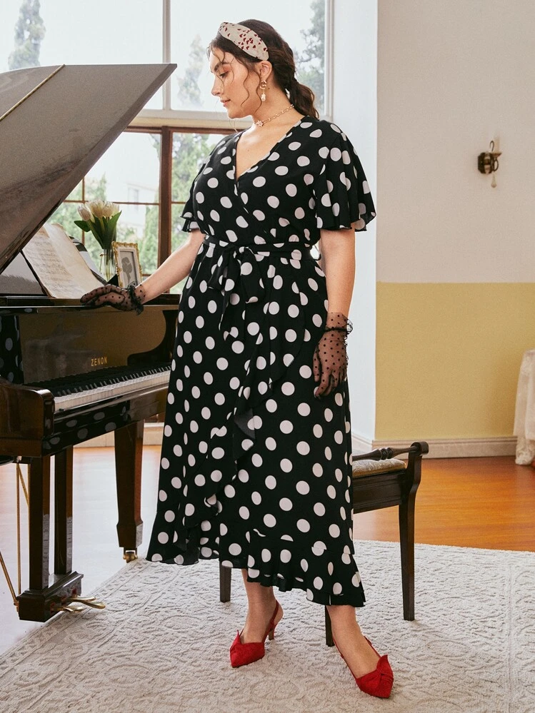 Vestidos Tallas Grandes Volante rígido Lunares Vintage - Negro - Añade 5