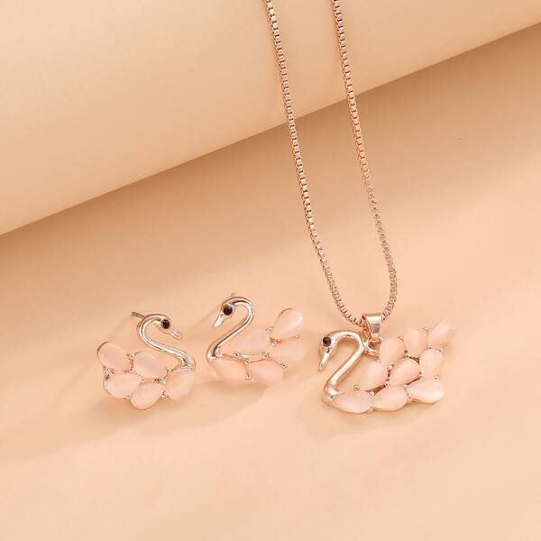 

Swan Charm Necklace & 1pair Stud Earrings, Rose gold