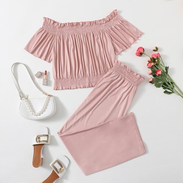 

Plus Bardot Shirred Top & Paperbag Waist Pants, Dusty pink
