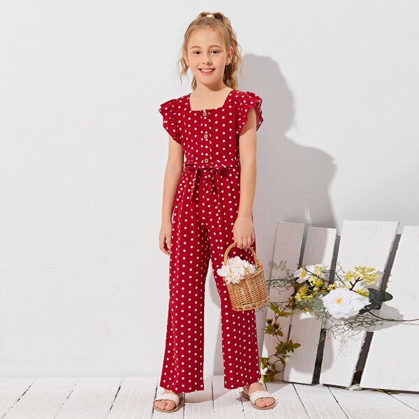 

Girls Ruffle Trim Polka Dot Blouse & Pants Set, Burgundy