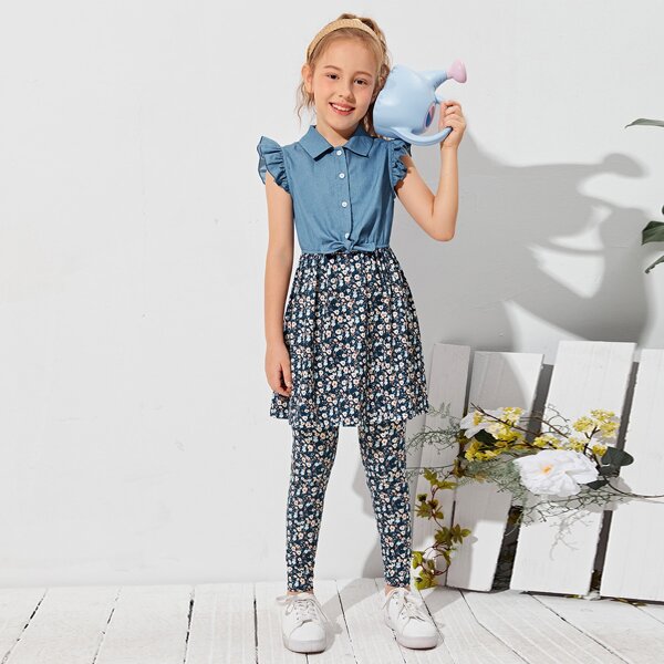 

Girls Ruffle Trim Knot Hem Blouse & Pants With Skirt Set, Multicolor