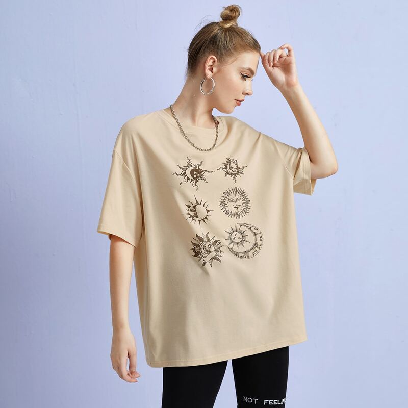 

Sun & Moon Graphic Oversized Tee, Beige